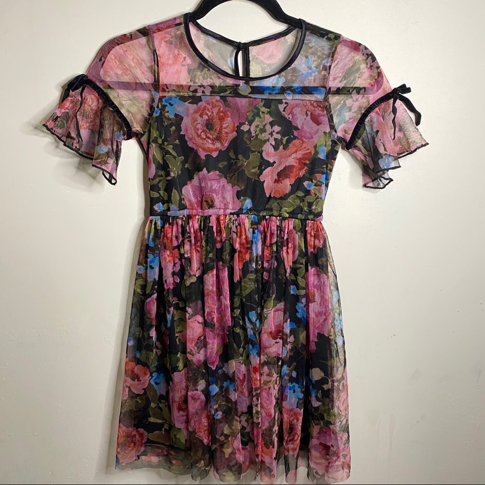 Black and pink floral dress with velvet trim